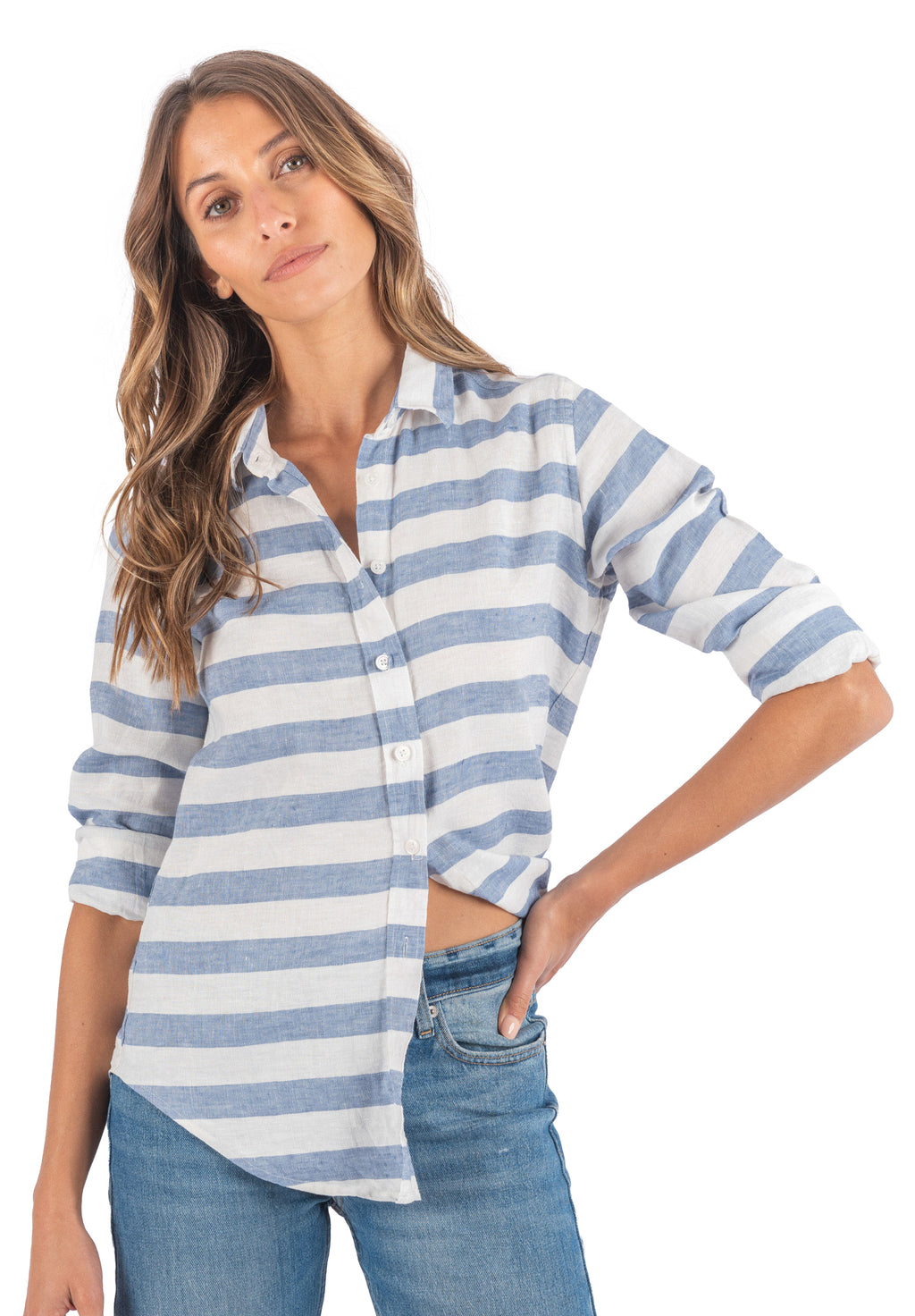 Iris Hera Blue Horizontal Stripes Classic Fit Linen Shirt