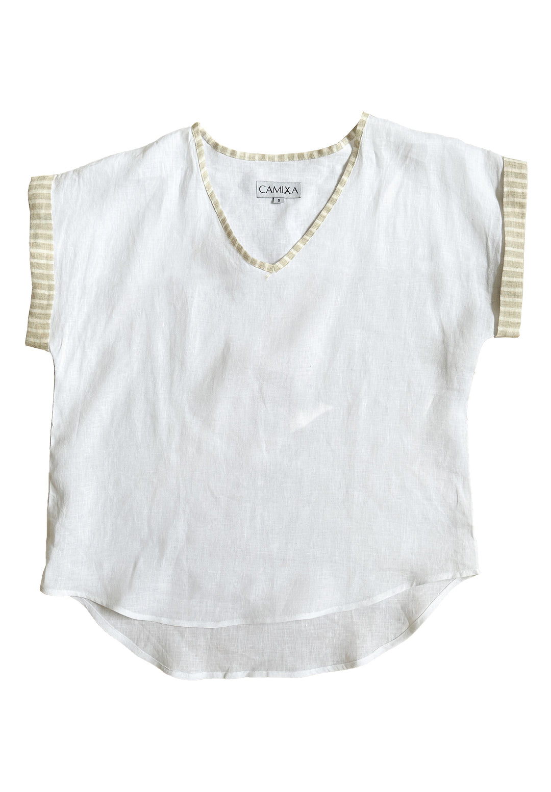 Martina Beige Stripes Contrast Linen T-Shirt