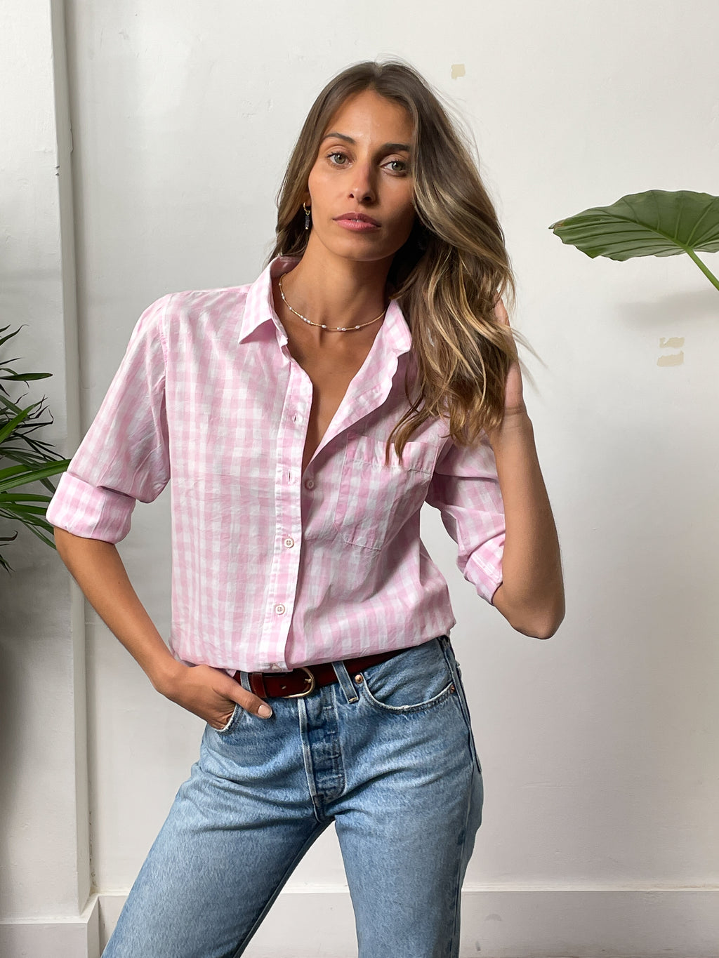 Gigi Soft Pink Relaxed Gingham Cotton Shirt