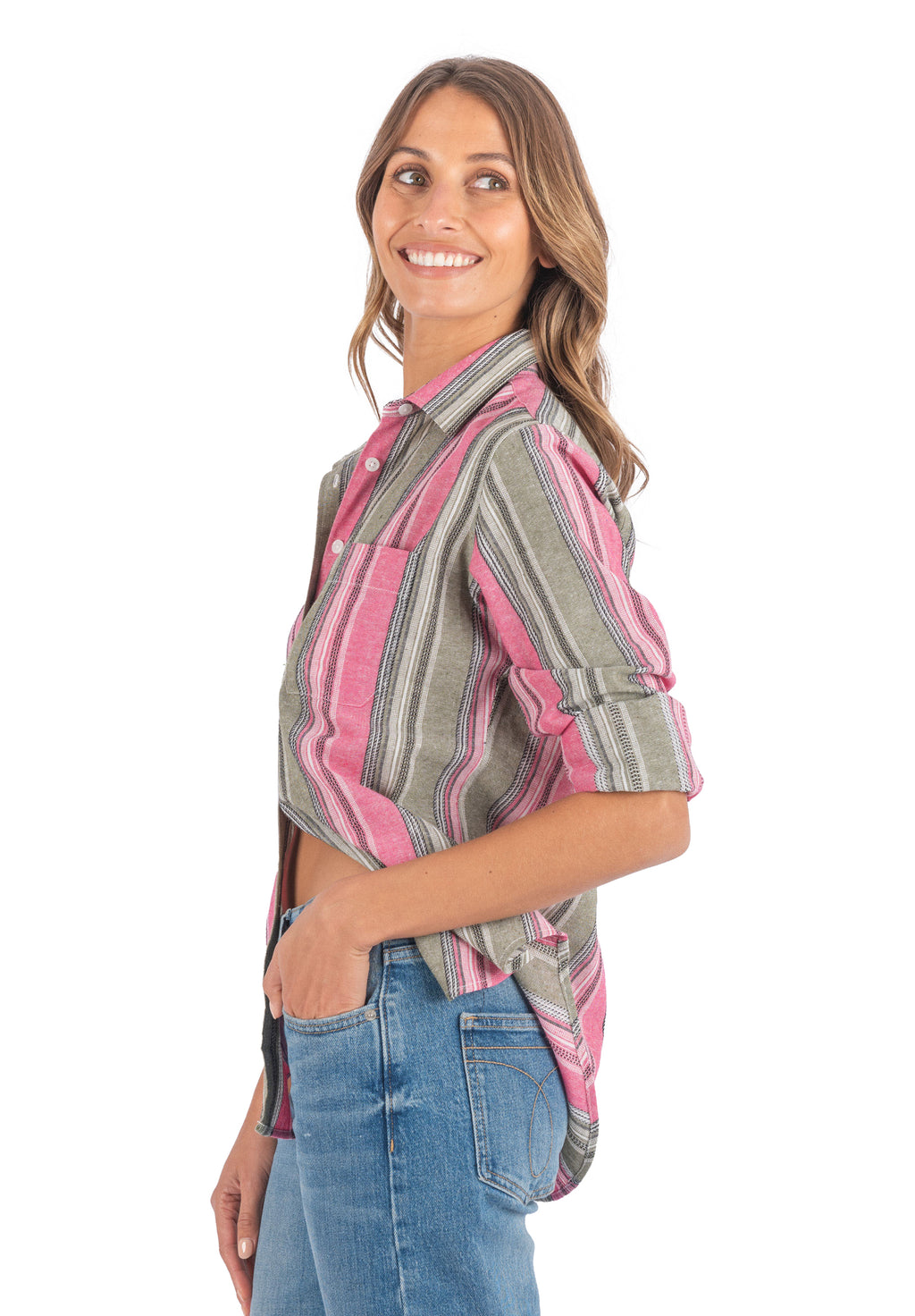 Iris Pink and Green Stripes Classic Fit Linen Shirt
