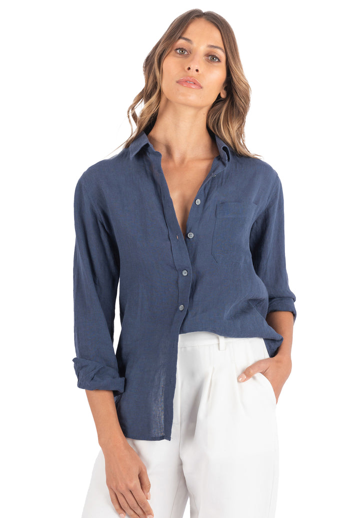 Iris Washed Blue Classic Fit Linen Shirt