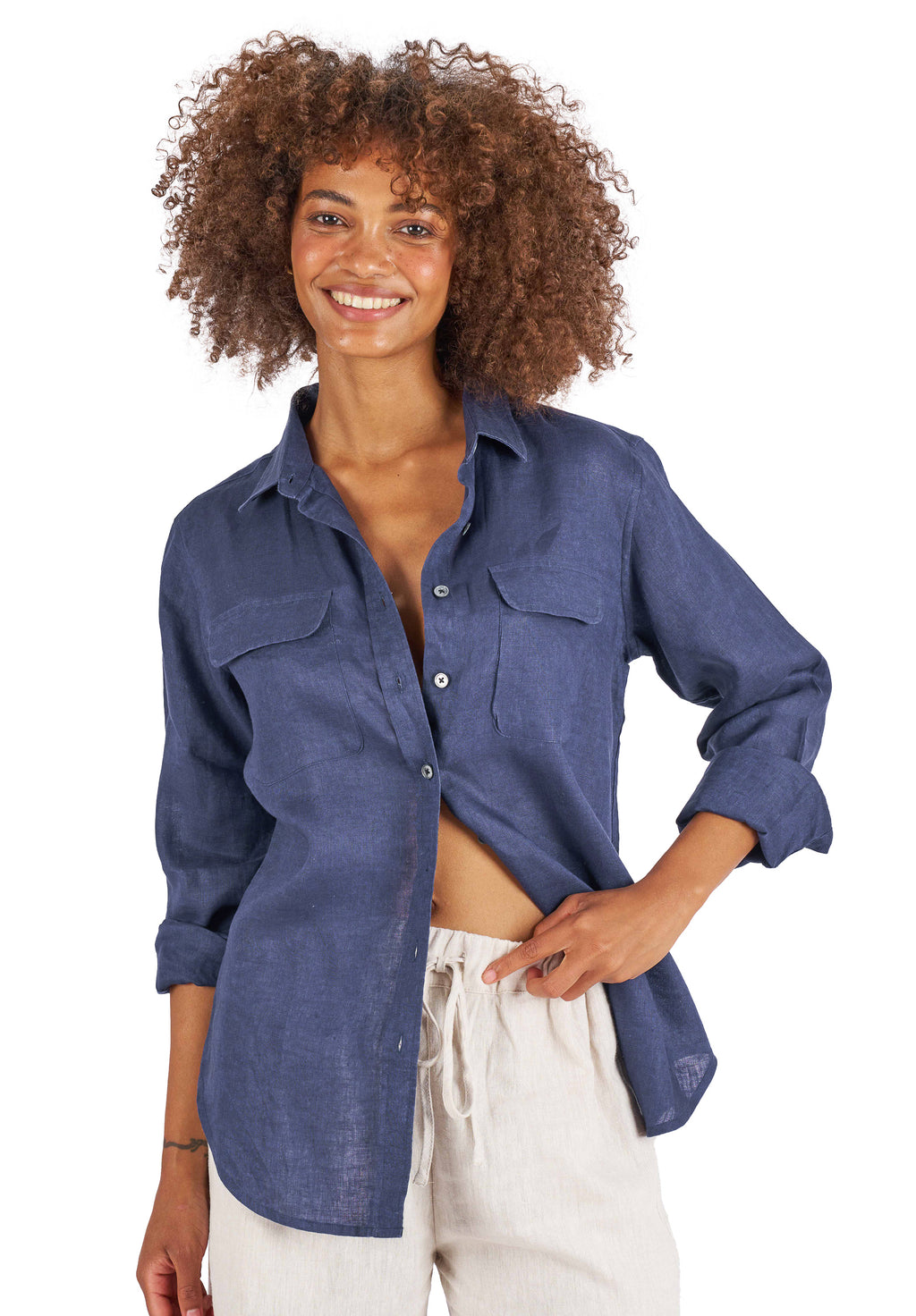 Lete-Linen Navy Blue Classic Linen Shirt with Pockets