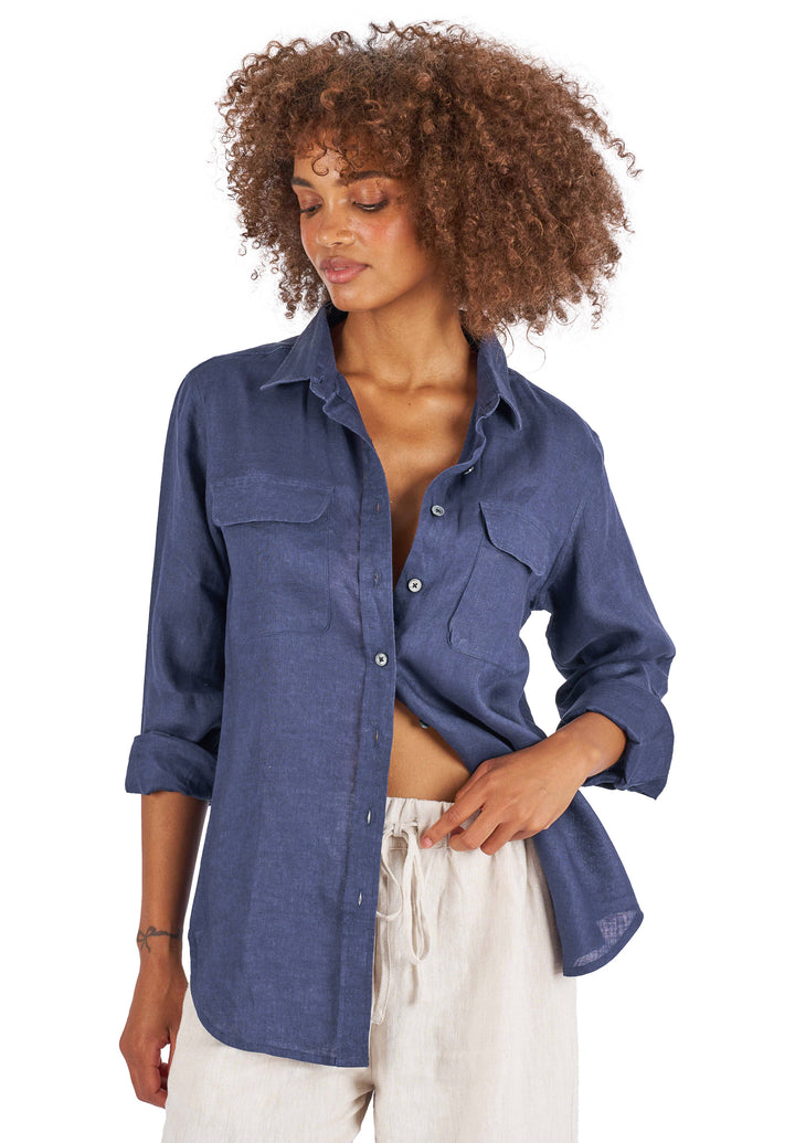 Lete Linen Navy Blue, Relaxed Linen Shirt with Pockets