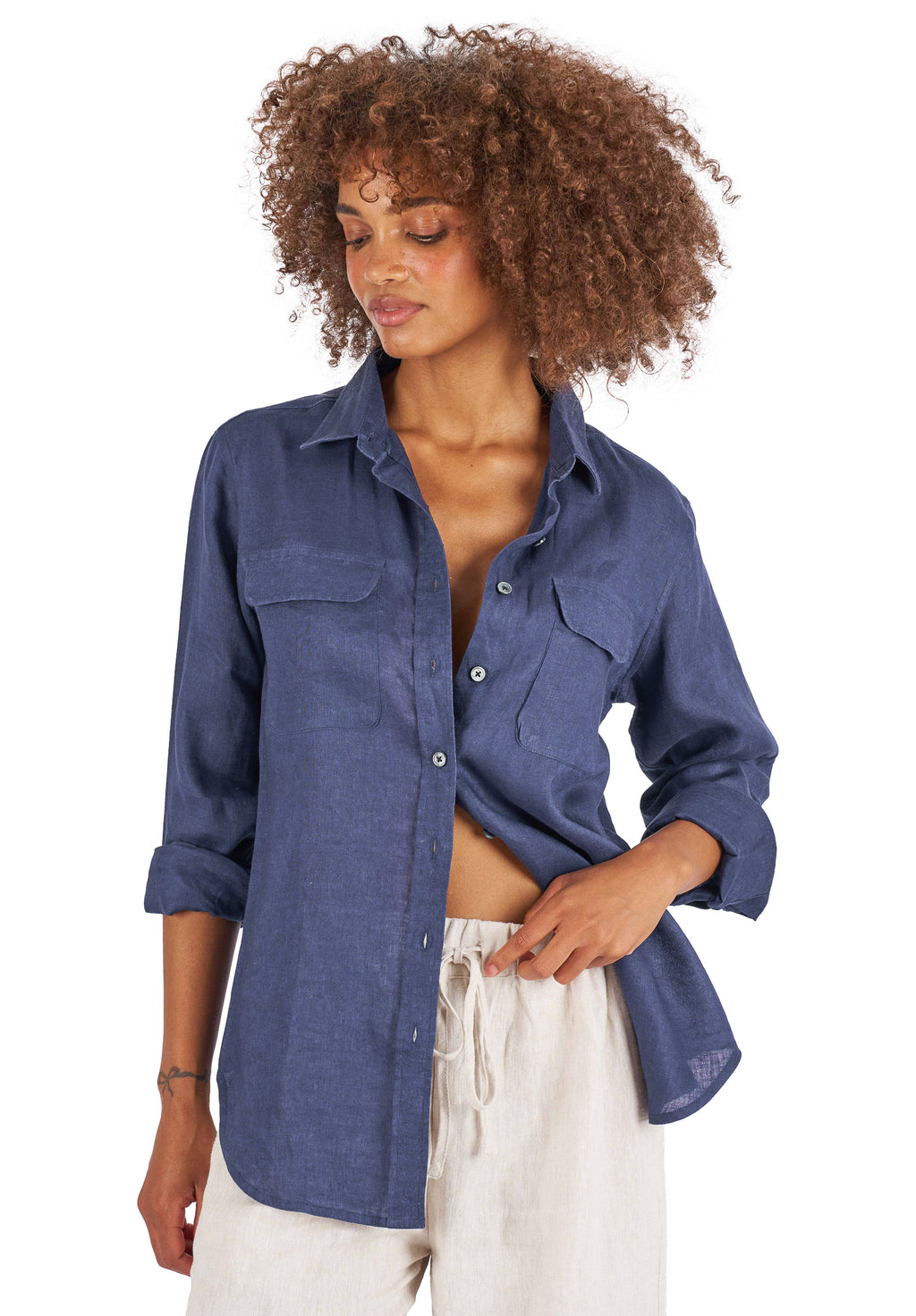 Lete-Linen Navy Blue Classic Linen Shirt with Pockets