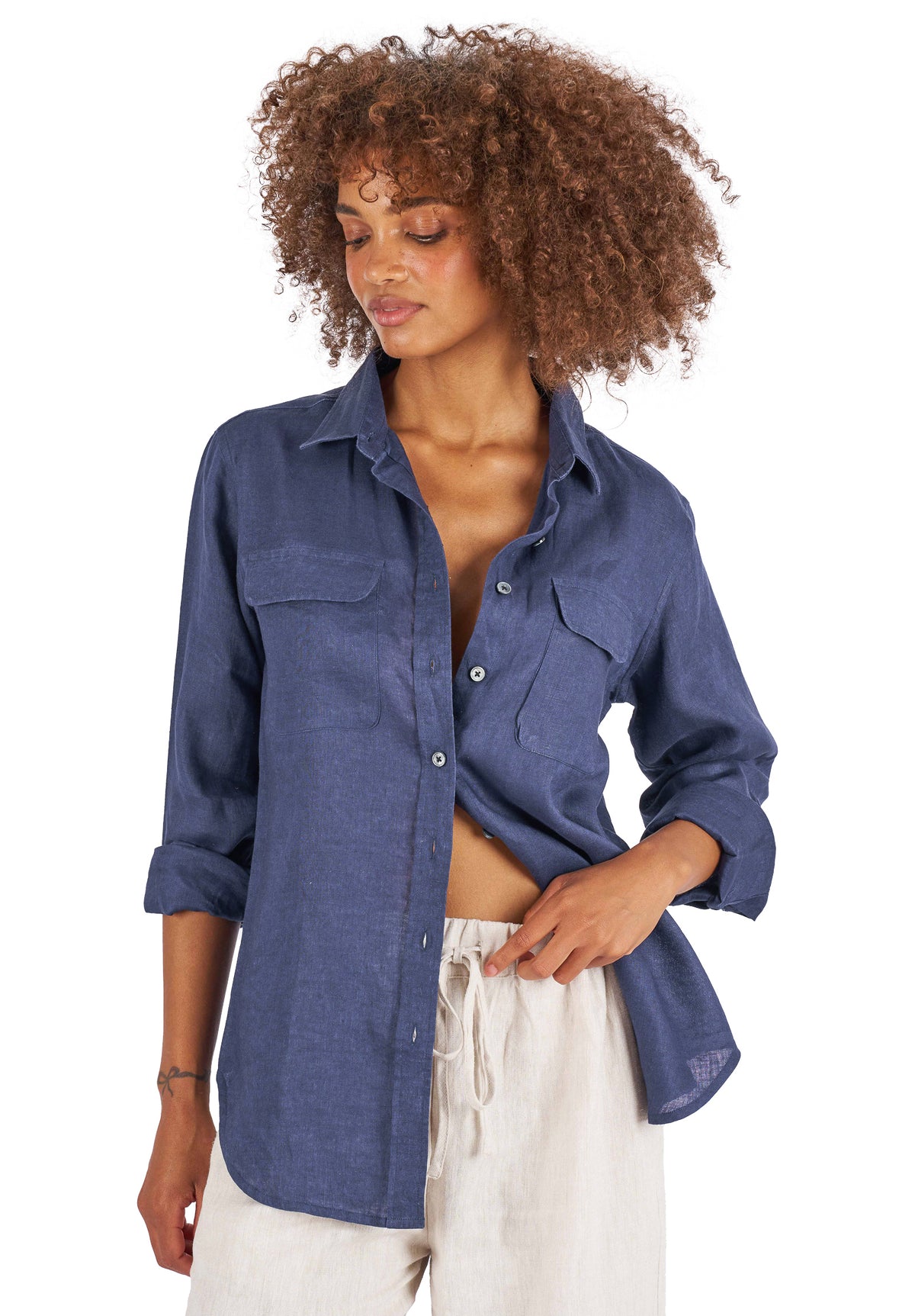 Lete-Linen Navy Blue Classic Linen Shirt with Pockets
