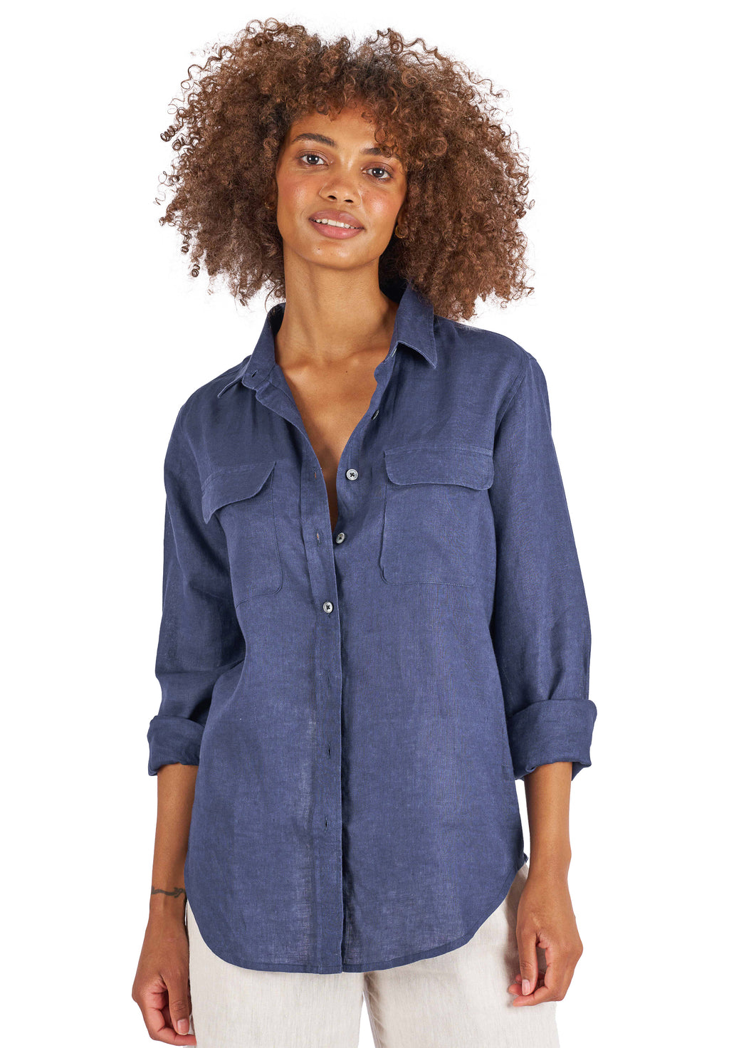 Lete-Linen Navy Blue Classic Linen Shirt with Pockets