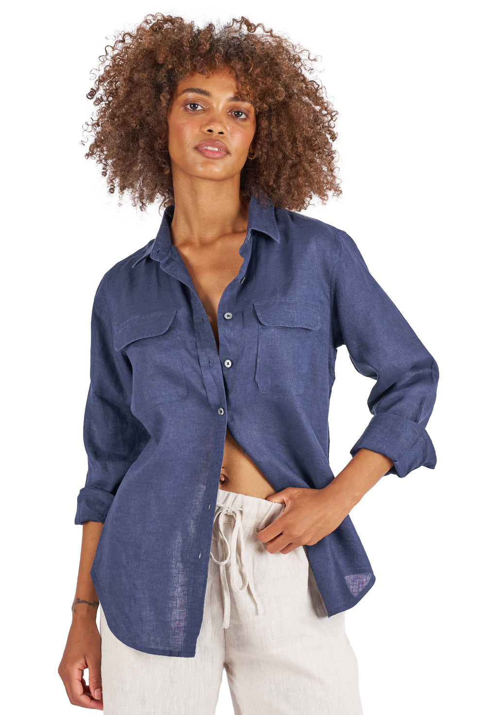 Lete-Linen Navy Blue Classic Linen Shirt with Pockets
