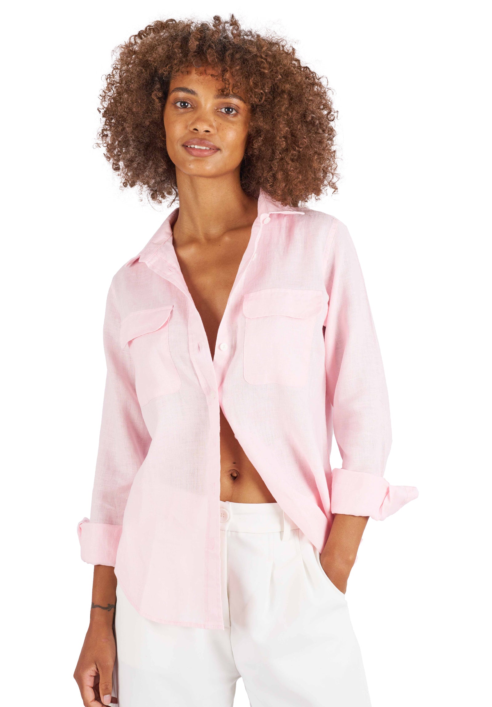 Pink linen 2025 shirt womens