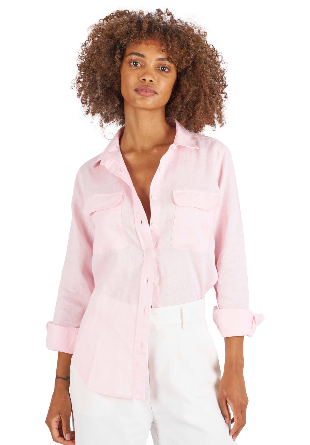 Lete-Linen Pink Classic Linen Shirt with Pockets