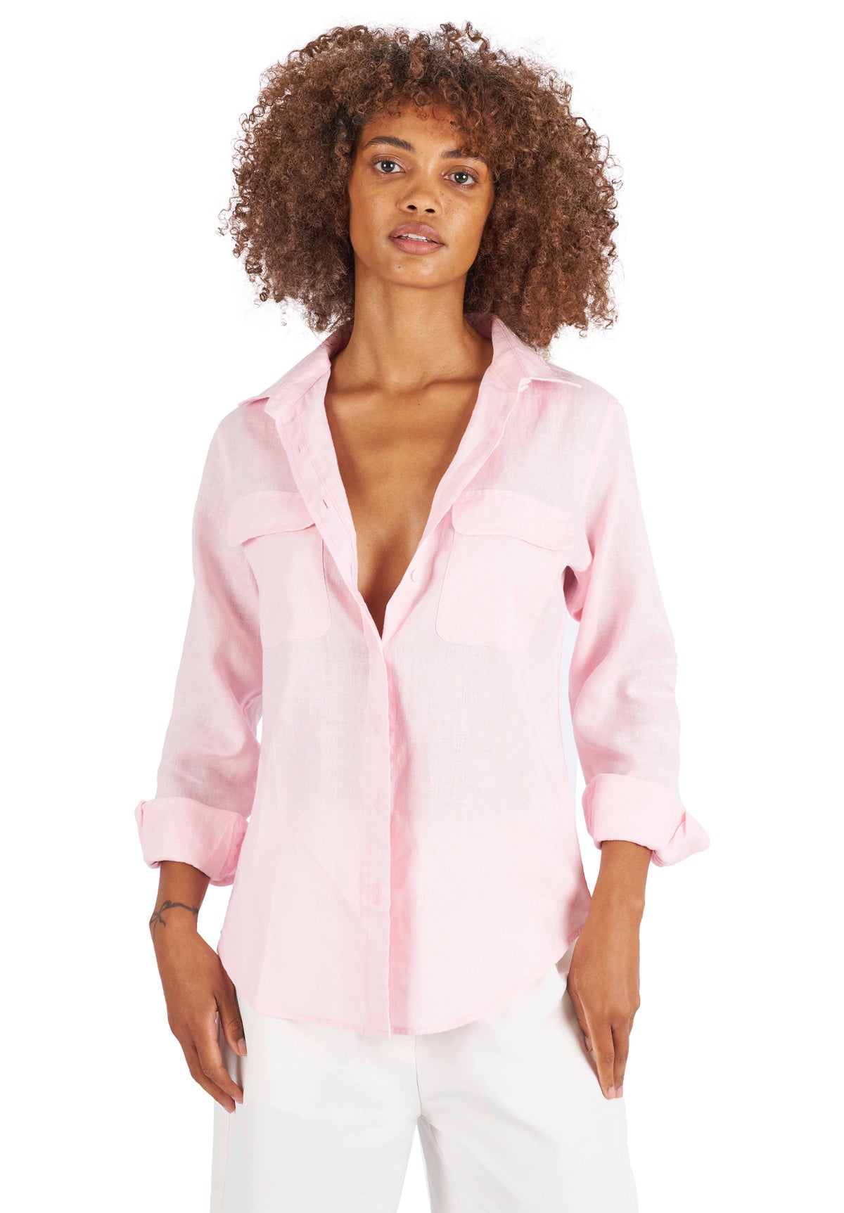 Lete-Linen Pink Classic Linen Shirt with Pockets