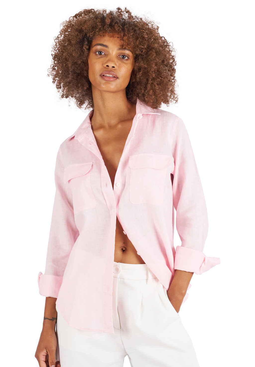 Lete-Linen Pink Classic Linen Shirt with Pockets