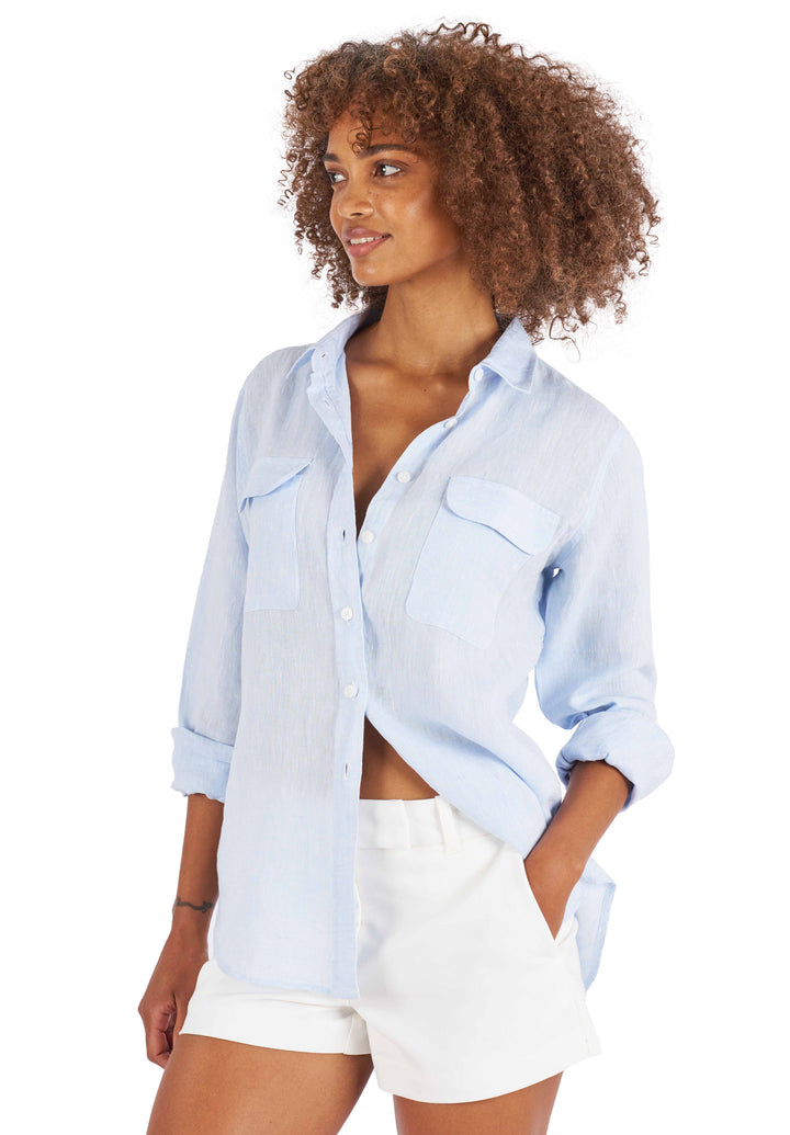 Lete-Linen Sky Blue Relaxed Linen Shirt with Pockets
