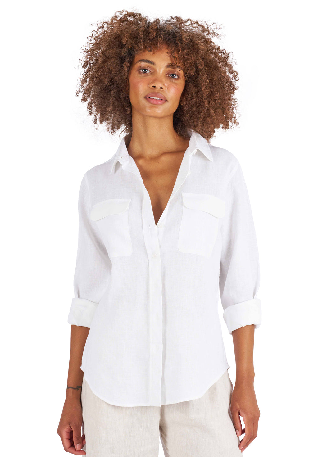 Lete-Linen White Classic Linen Shirt with Pockets
