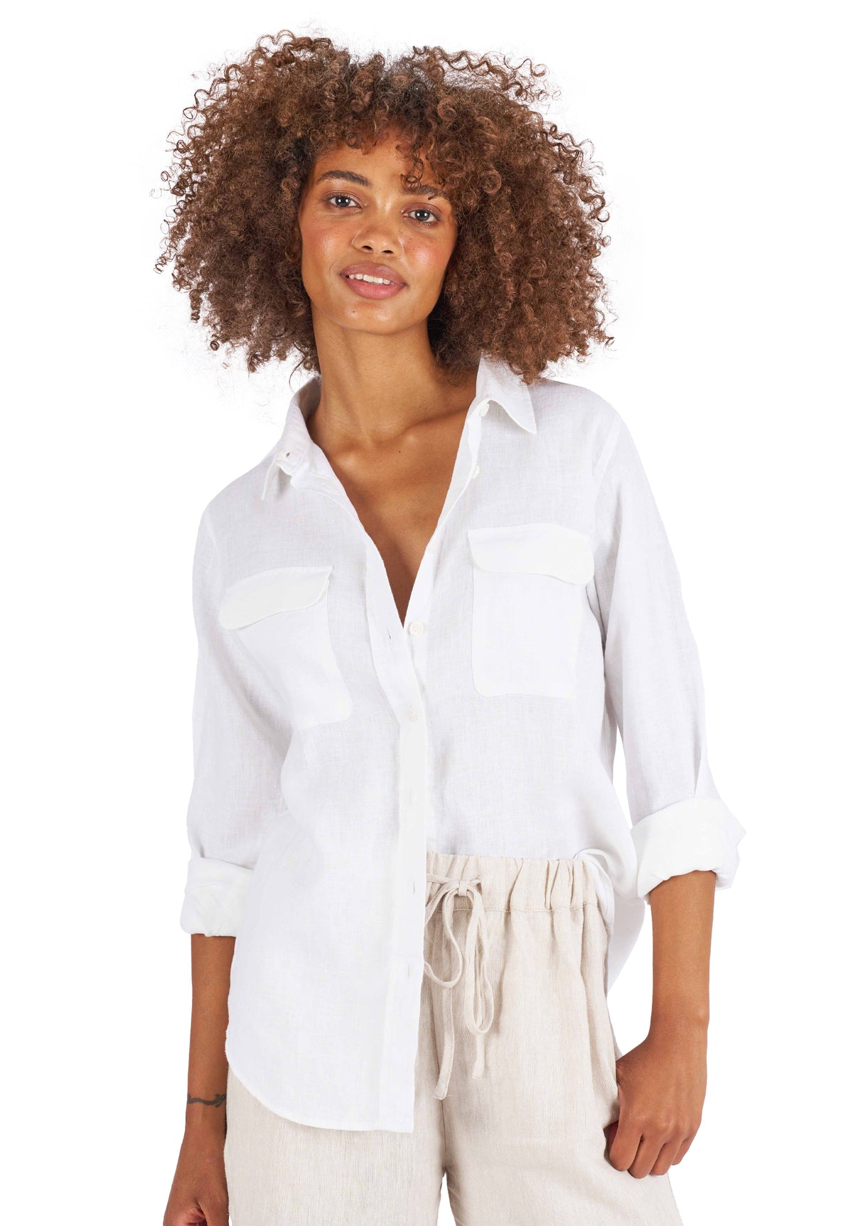 Lete-Linen White Classic Linen Shirt with Pockets