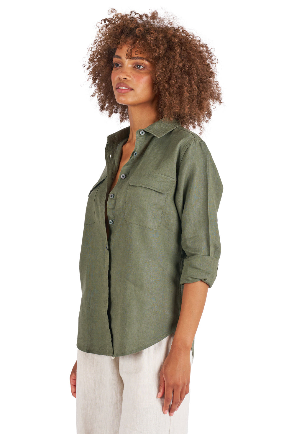 Lete-Linen Olive Green Classic Linen Shirt with Pockets
