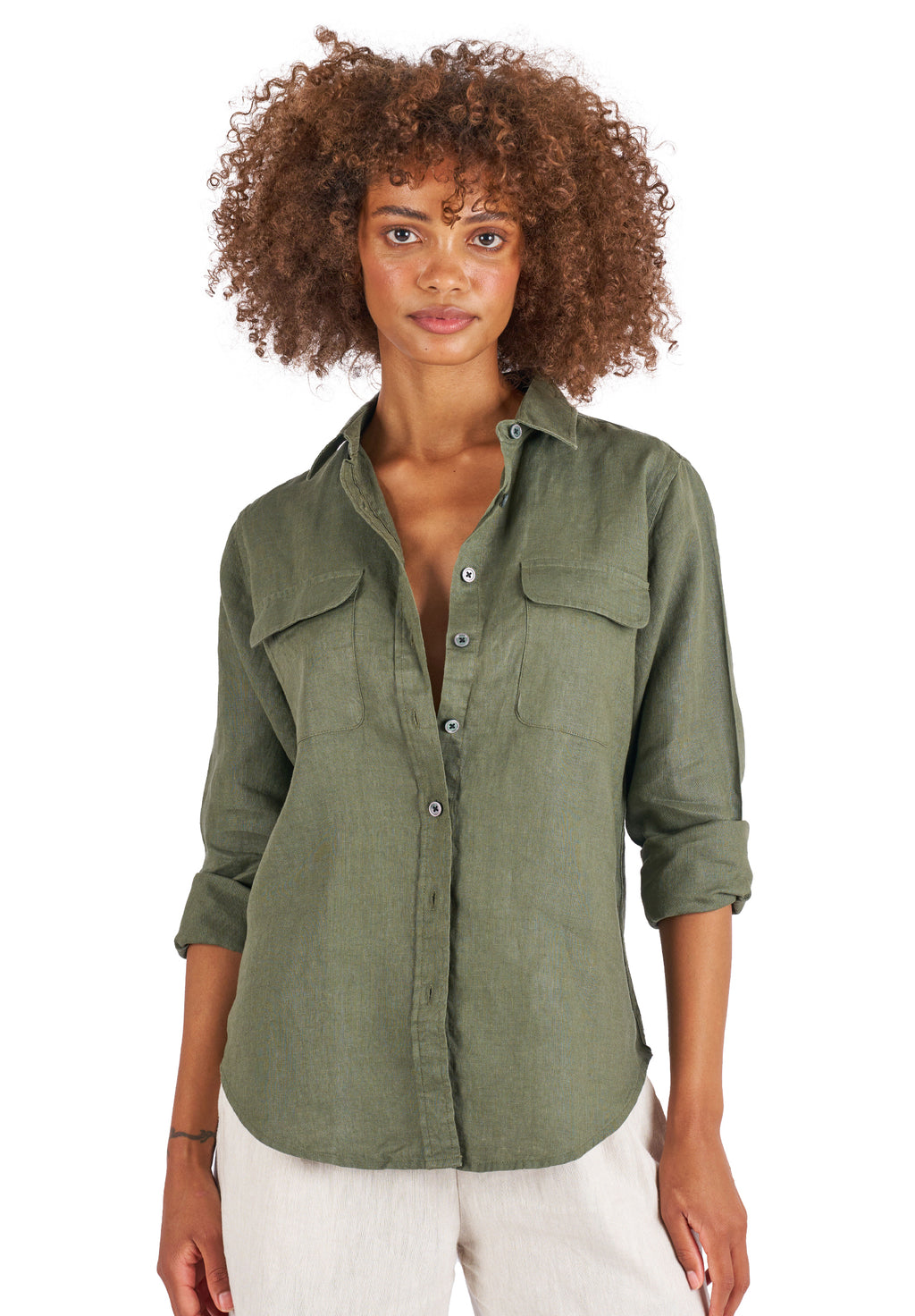 Lete-Linen Olive Green Classic Linen Shirt with Pockets