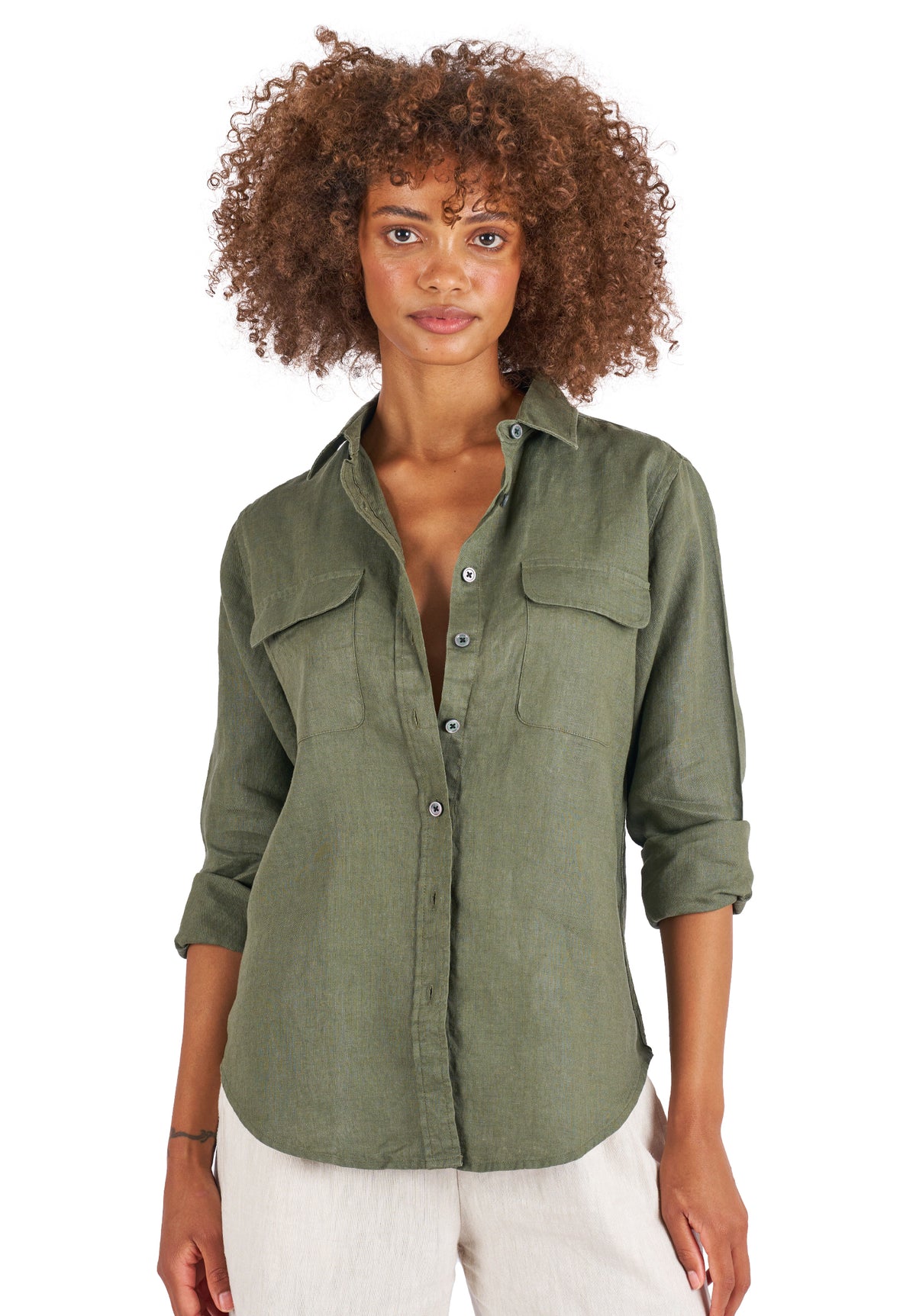Lete-Linen Olive Green Classic Linen Shirt with Pockets