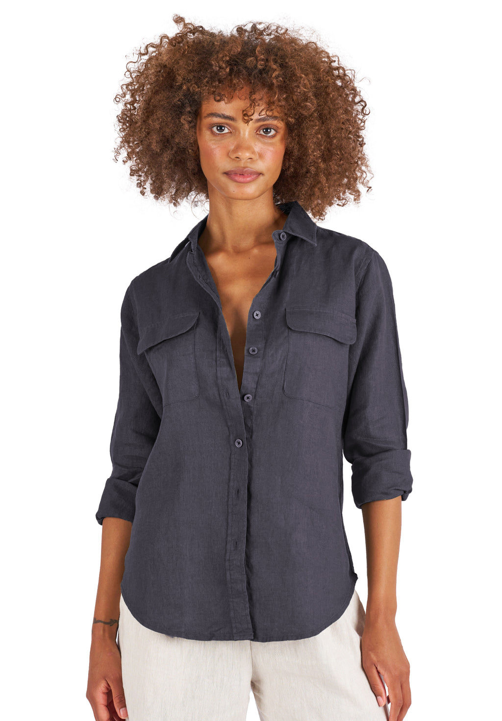 Lete-Linen Black Classic Linen Shirt with Pockets