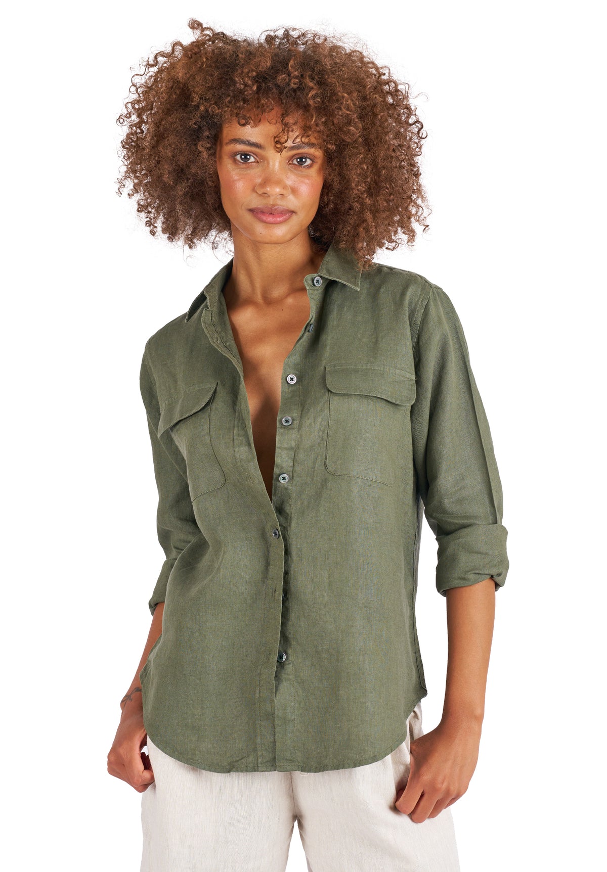 Lete-Linen Olive Green Classic Linen Shirt with Pockets