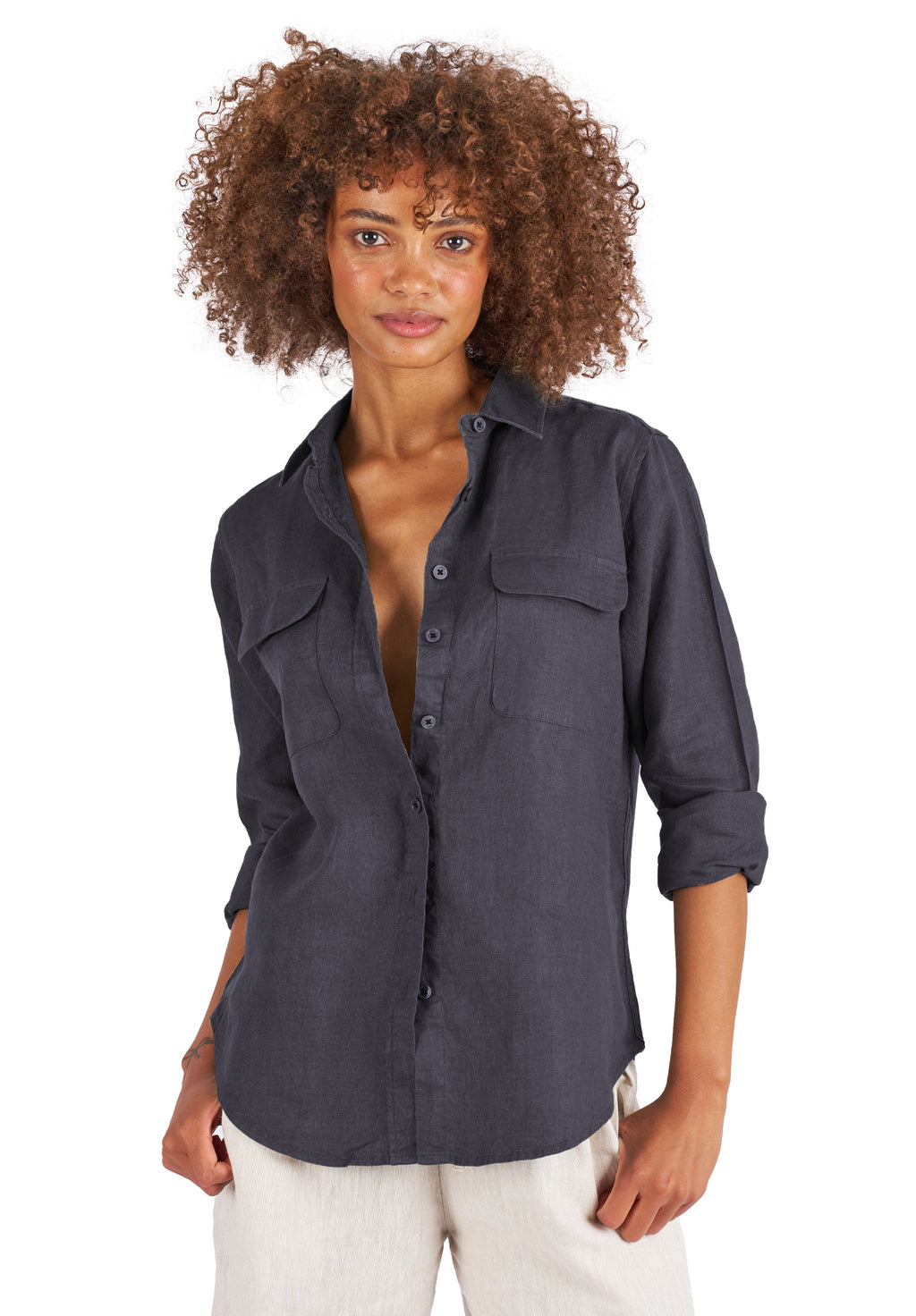 Lete-Linen Black Classic Linen Shirt with Pockets