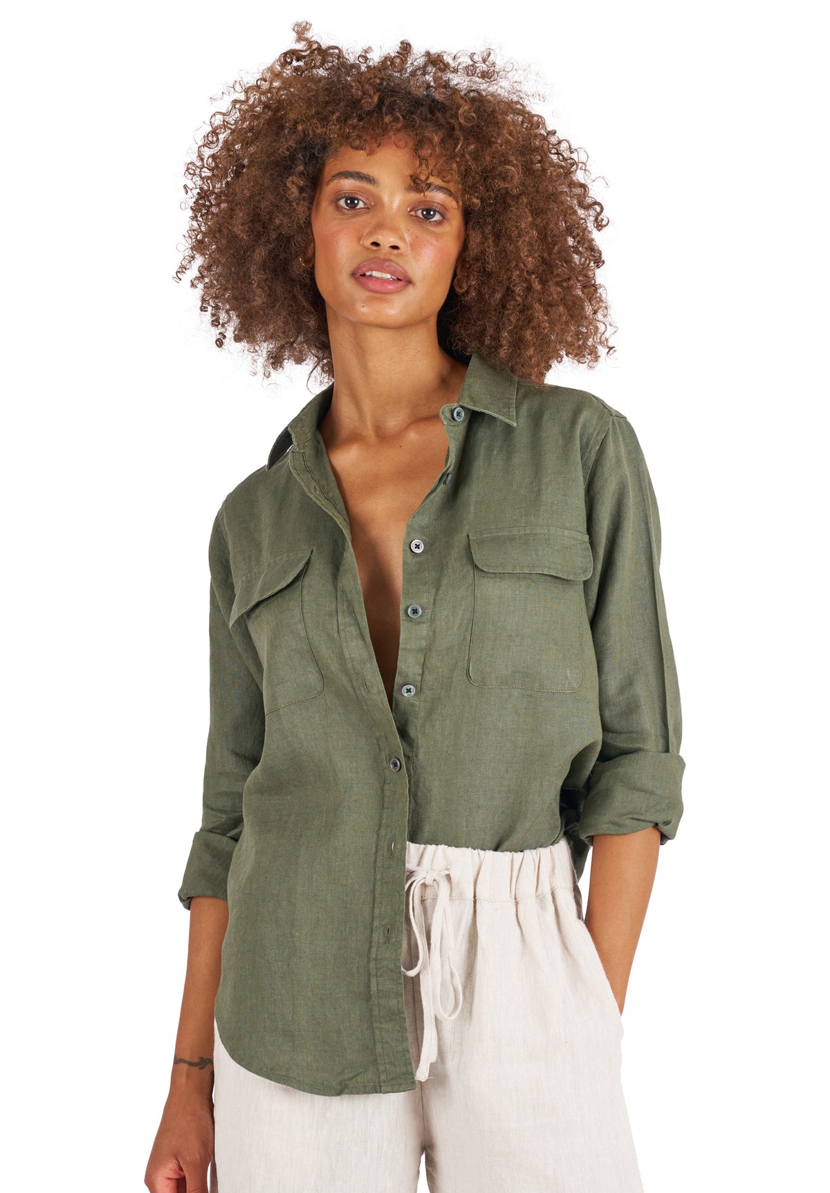Lete-Linen Olive Green Classic Linen Shirt with Pockets