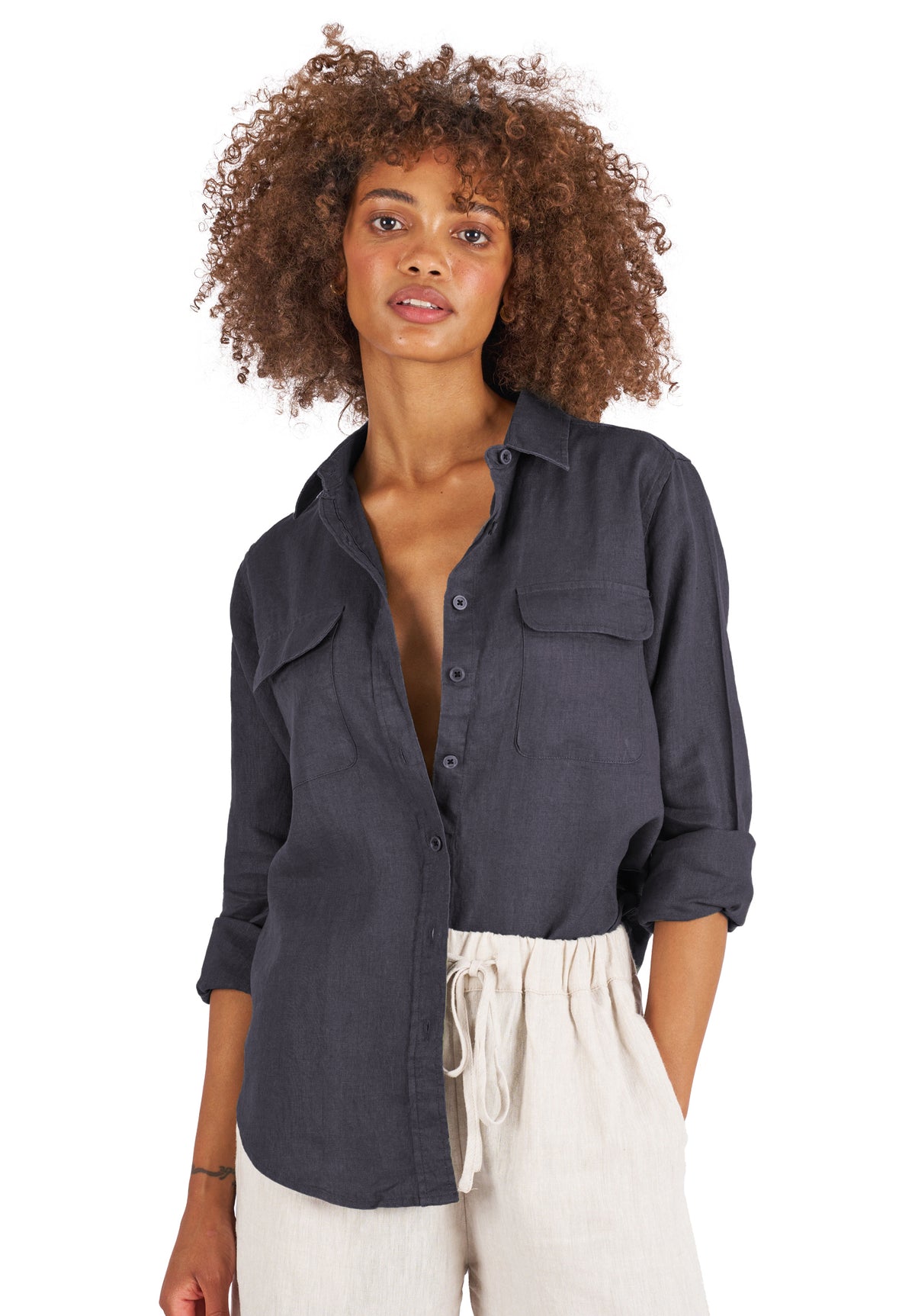 Lete-Linen Black Classic Linen Shirt with Pockets