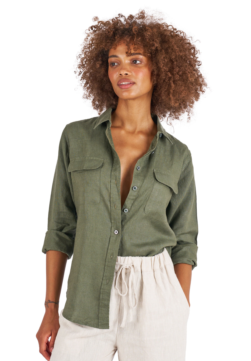 Lete-Linen Olive Green Classic Linen Shirt with Pockets