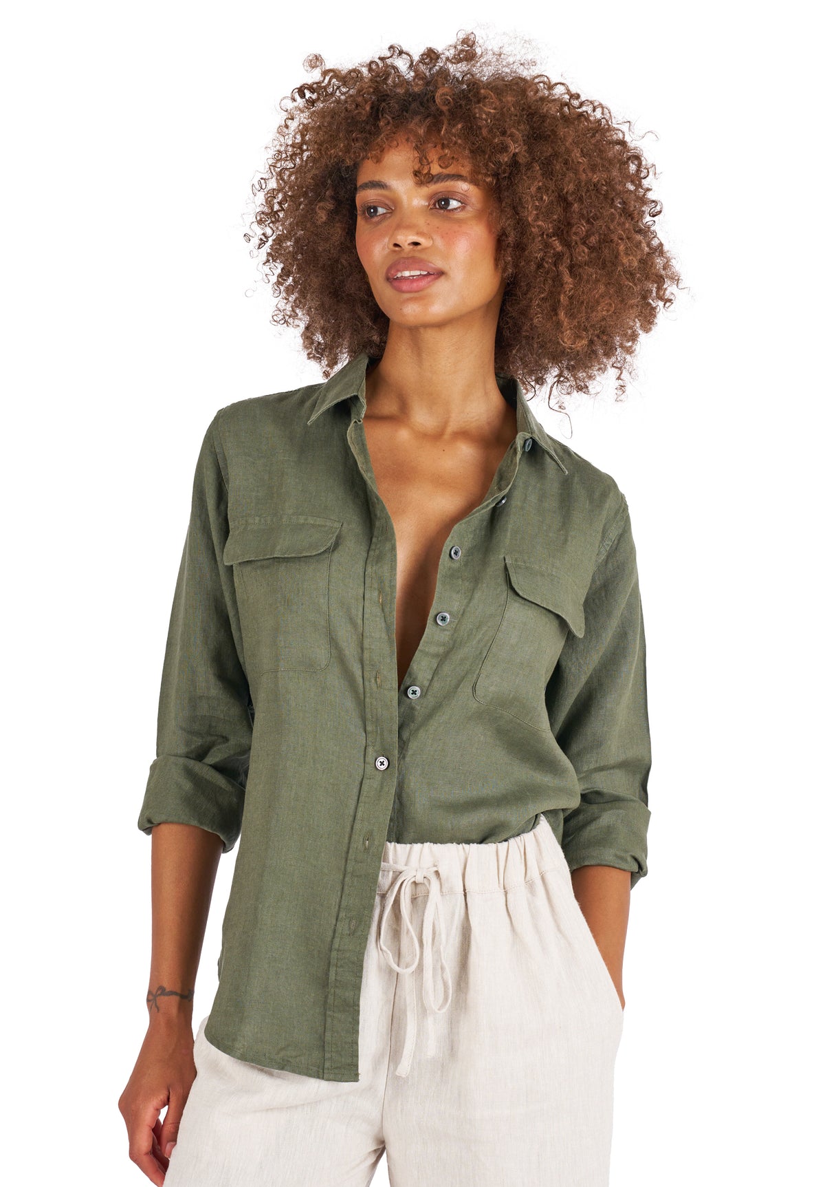 Lete-Linen Olive Green Classic Linen Shirt with Pockets