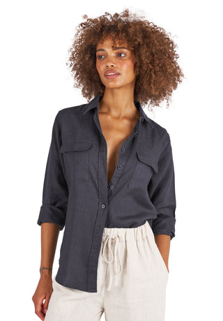 Lete-Linen Black Classic Linen Shirt with Pockets