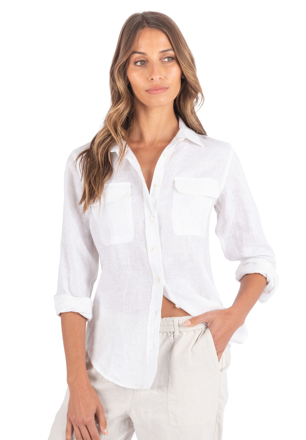 Lete-Linen White Classic Linen Shirt with Pockets