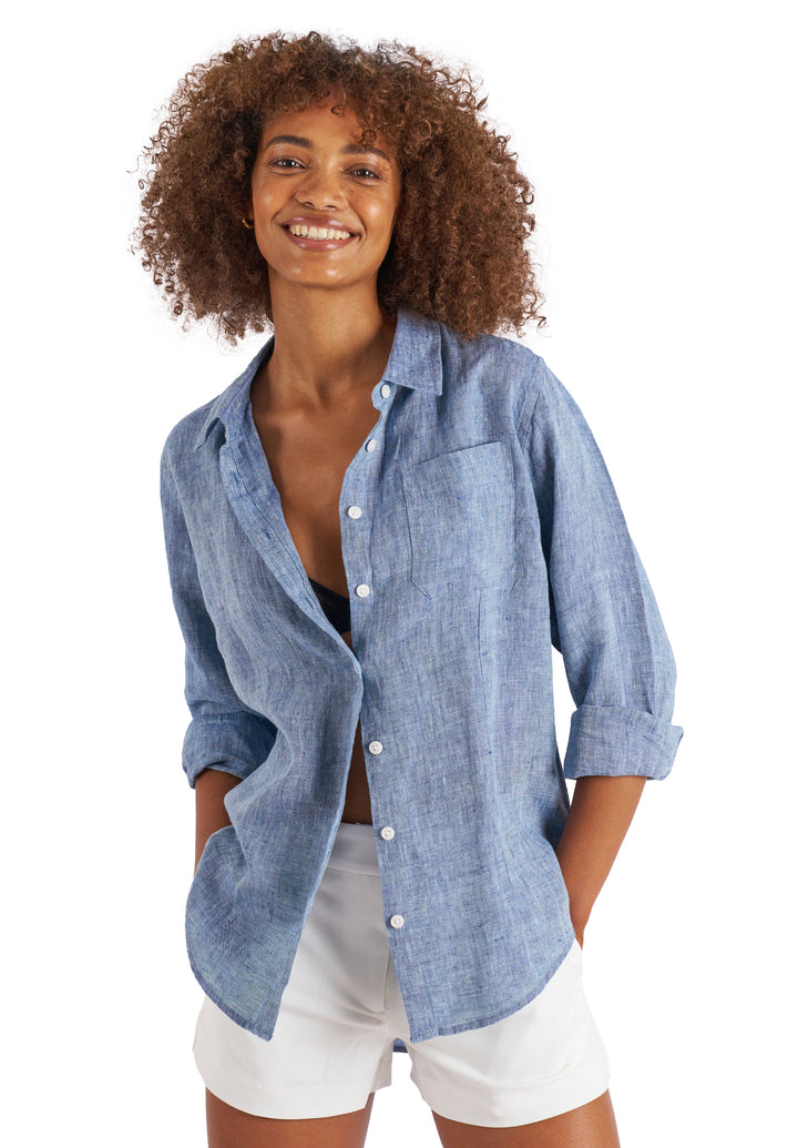 Lina Blue Melange,  Slim-Fit Linen Shirt