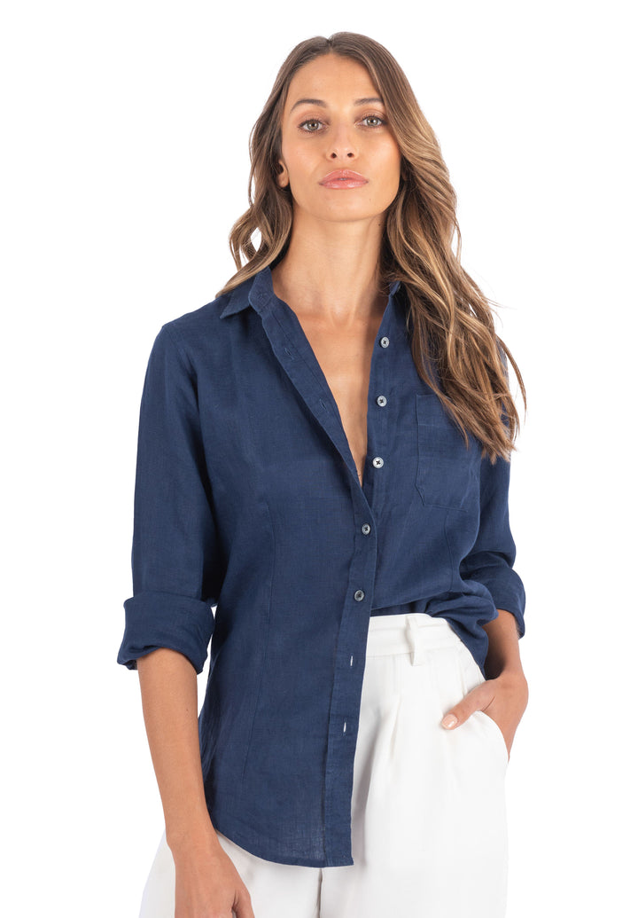 Lina Navy Blue, Slim-Fit Linen Shirt