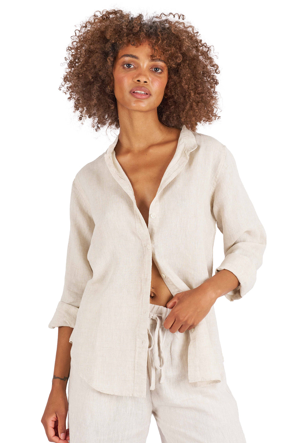 Lotus Sand Classic Linen Shirt with Mandarin Collar