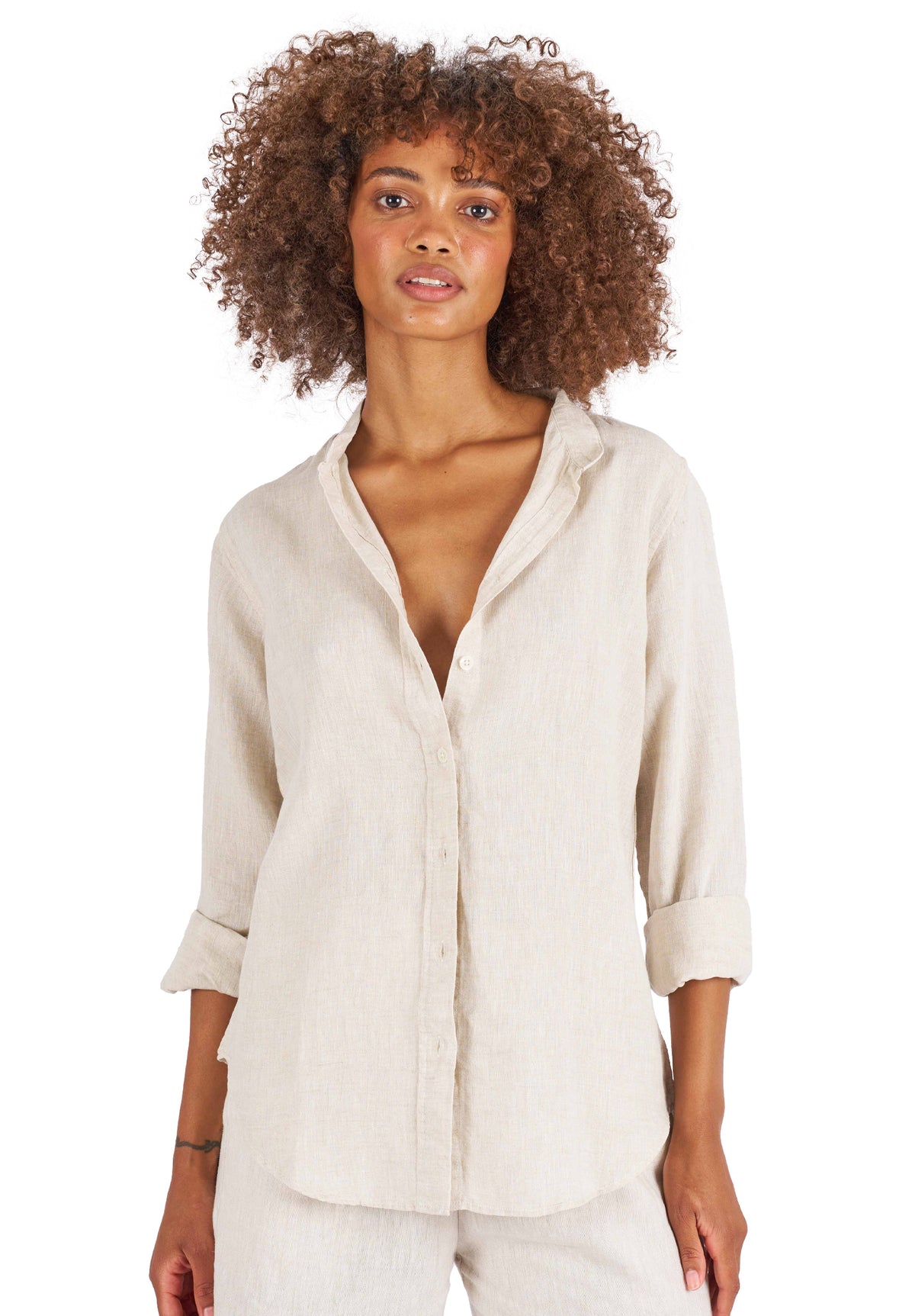 Lotus Sand Classic Linen Shirt with Mandarin Collar