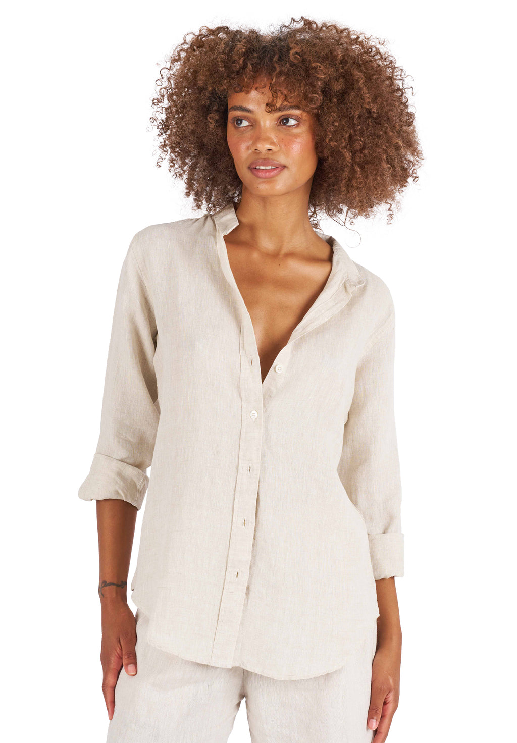 Lotus Sand Classic Linen Shirt with Mandarin Collar