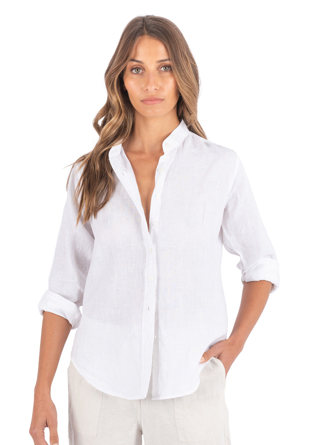 Lotus White Classic Linen Shirt with Mandarin Collar