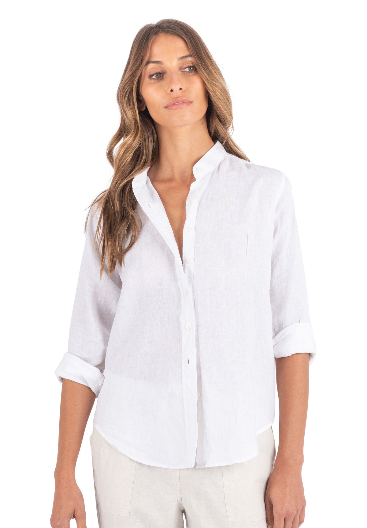 Lotus White Classic Linen Shirt with Mandarin Collar
