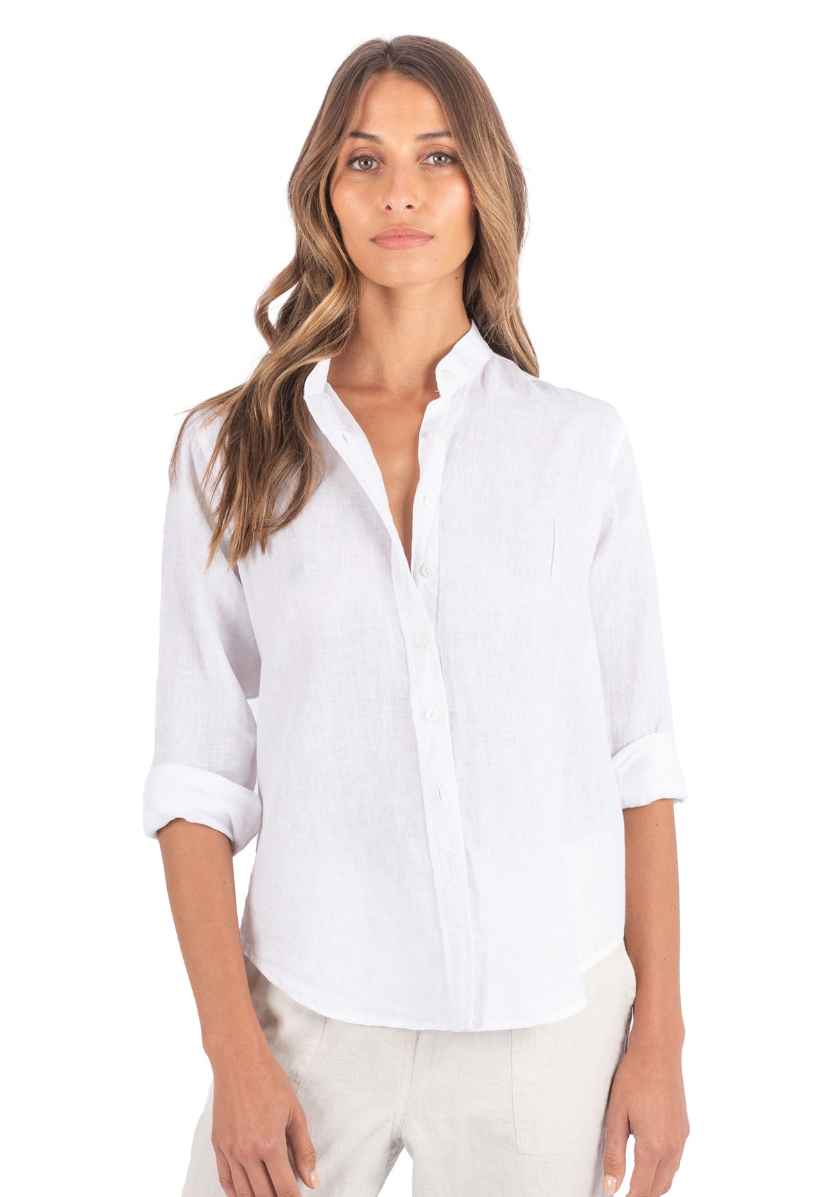 Lotus White Classic Linen Shirt with Mandarin Collar