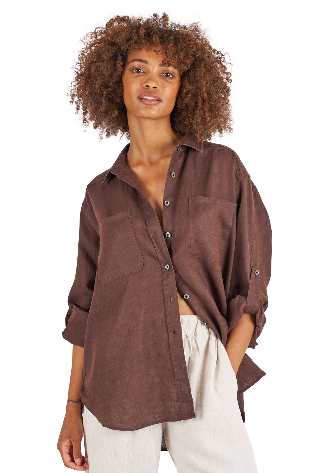 Luna Coffee Oversized Linen Shirt with Pockets