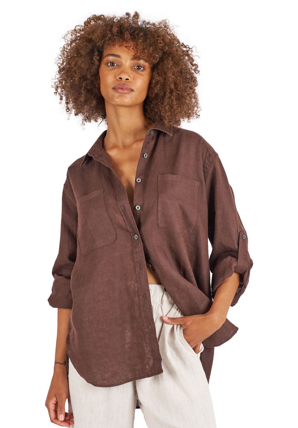 Luna Coffee Oversized Linen Shirt with Pockets
