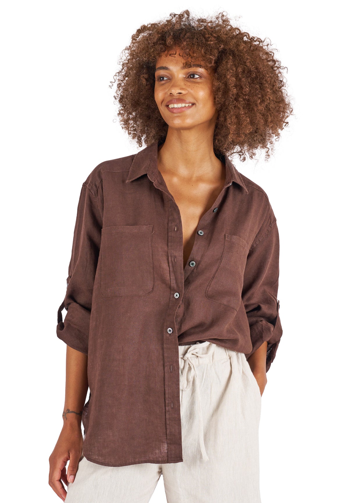 Luna Coffee Oversized Linen Shirt with Pockets
