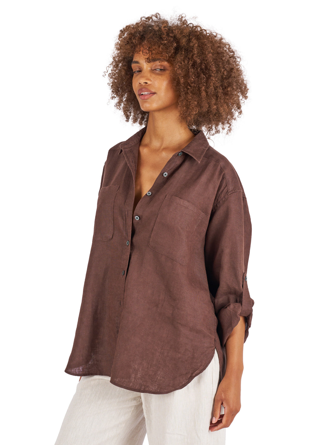 Luna Coffee Oversized Linen Shirt with Pockets