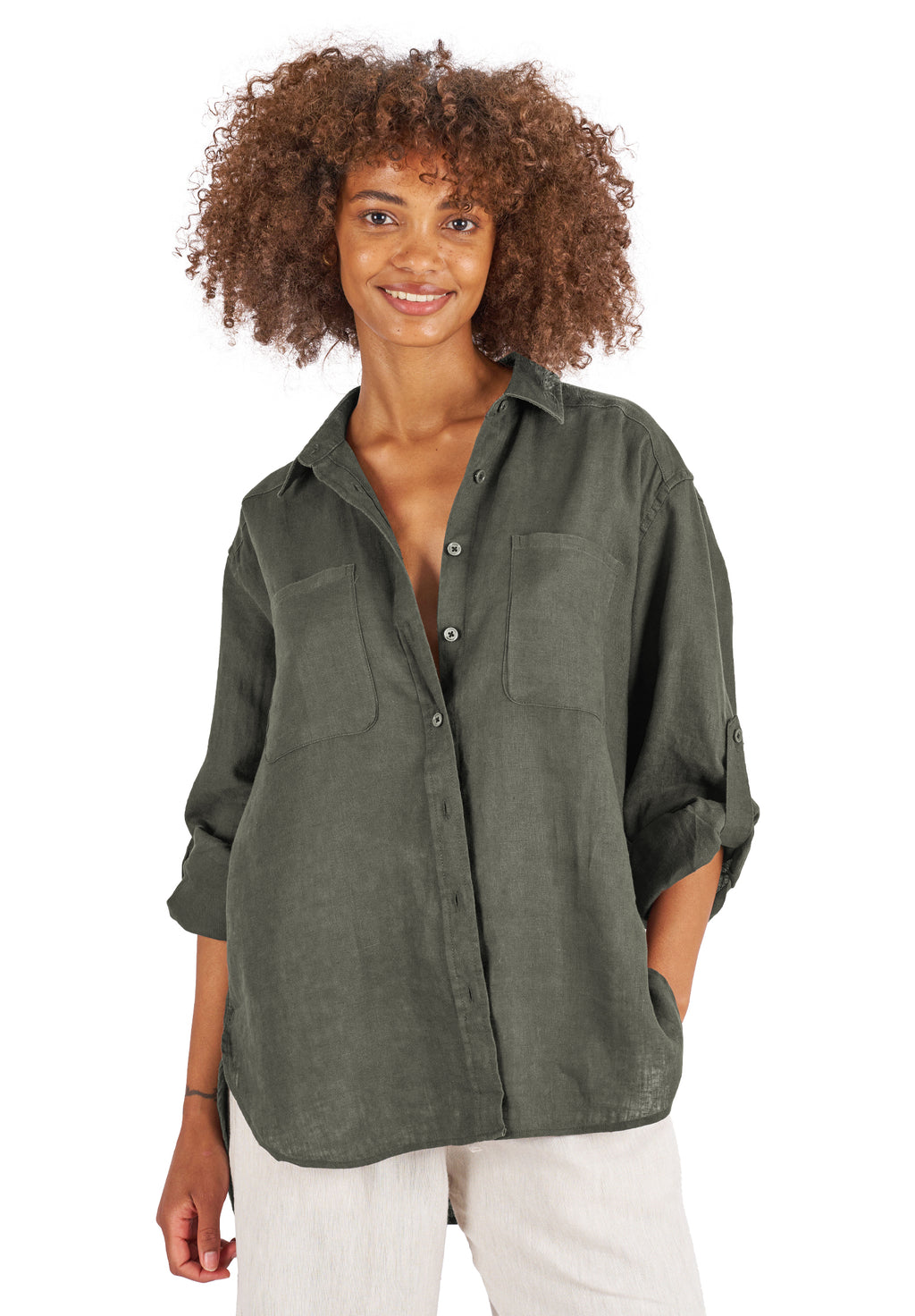 Luna Olive Green Oversized Linen Shirt with Pockets