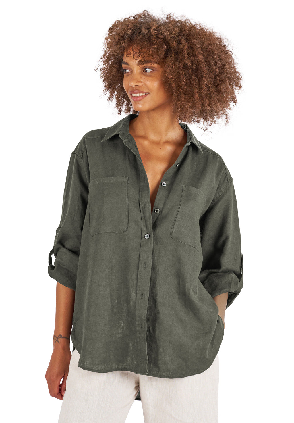 Luna Olive Green Oversized Linen Shirt with Pockets