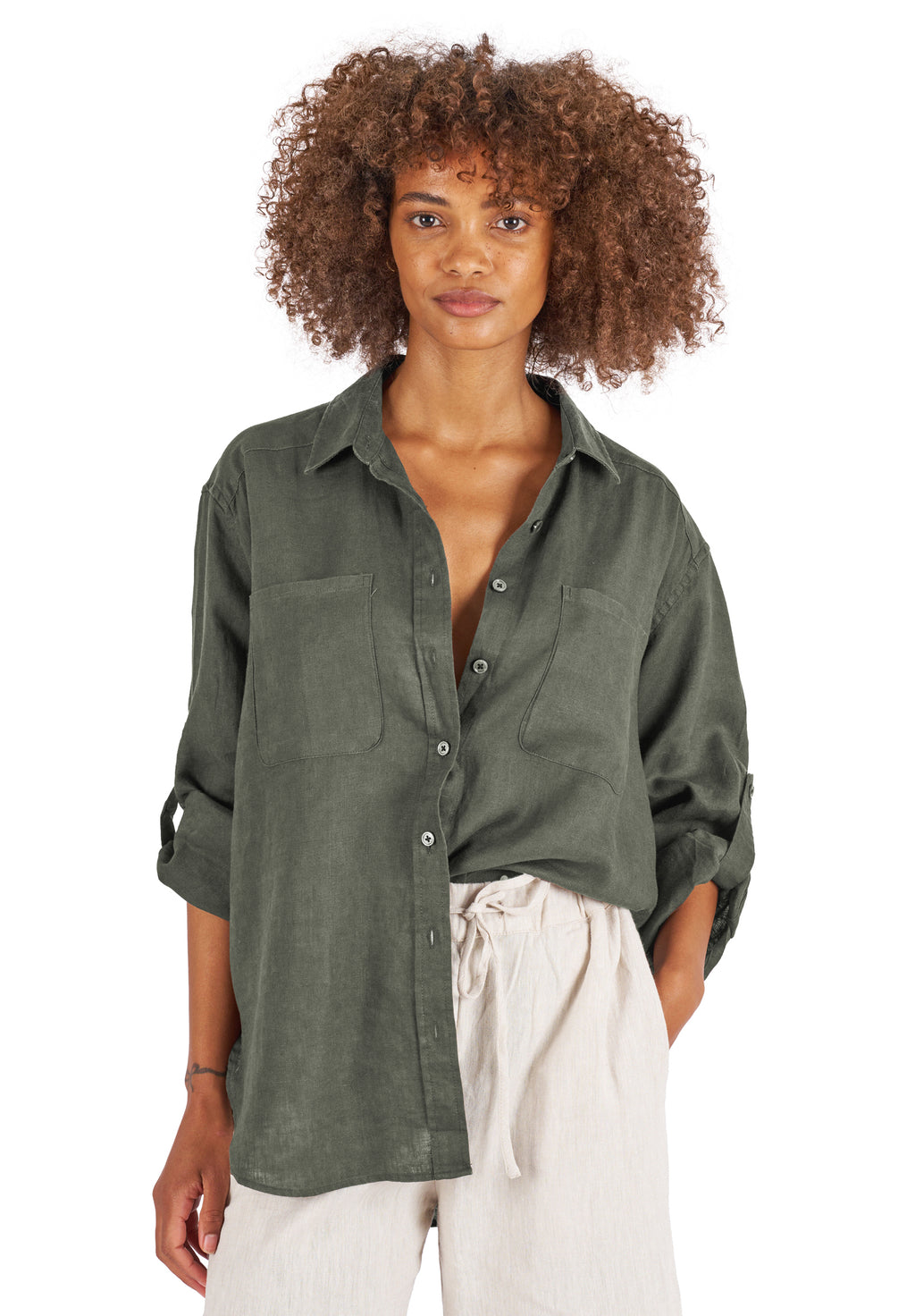 Luna Olive Green Oversized Linen Shirt with Pockets