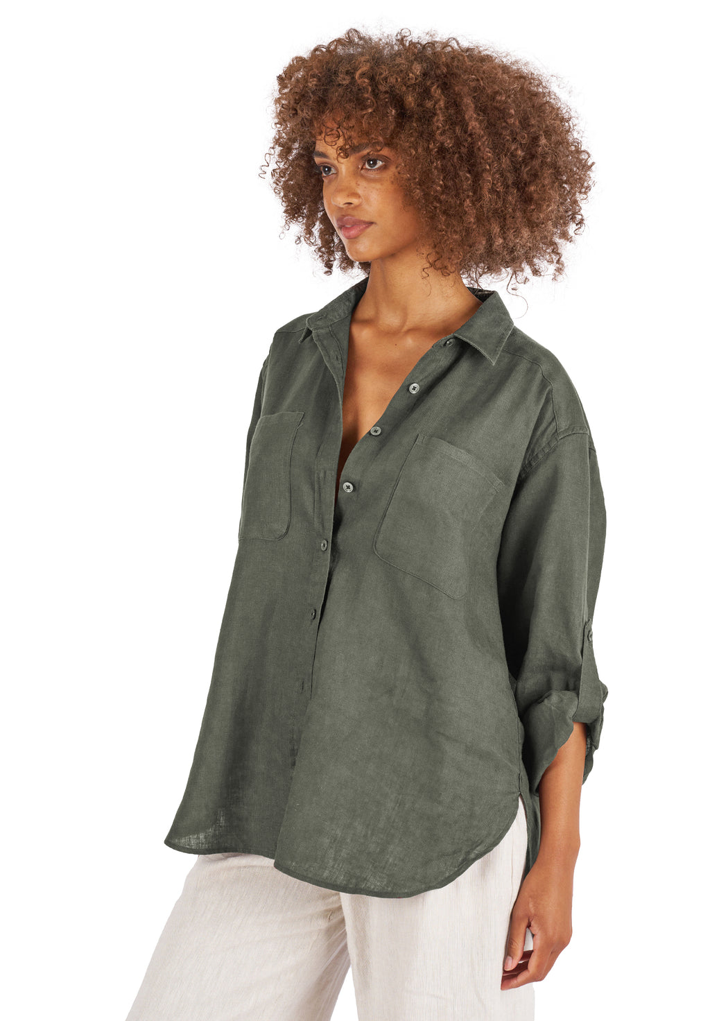 Luna Olive Green Oversized Linen Shirt with Pockets