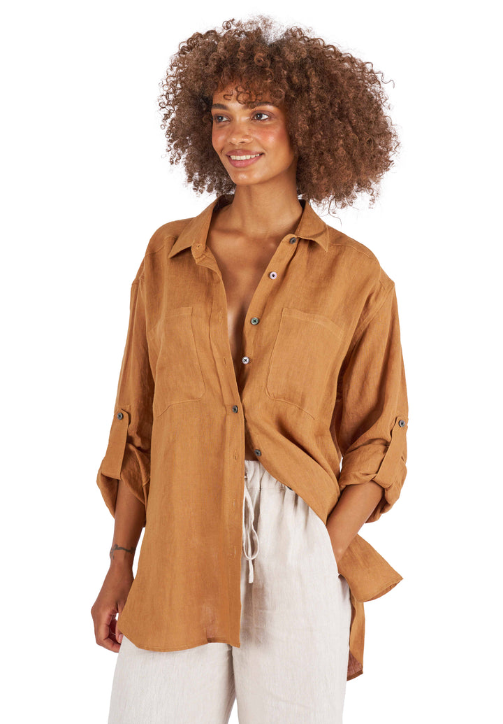 Luna Tobacco Oversized Linen Shirt with Pockets