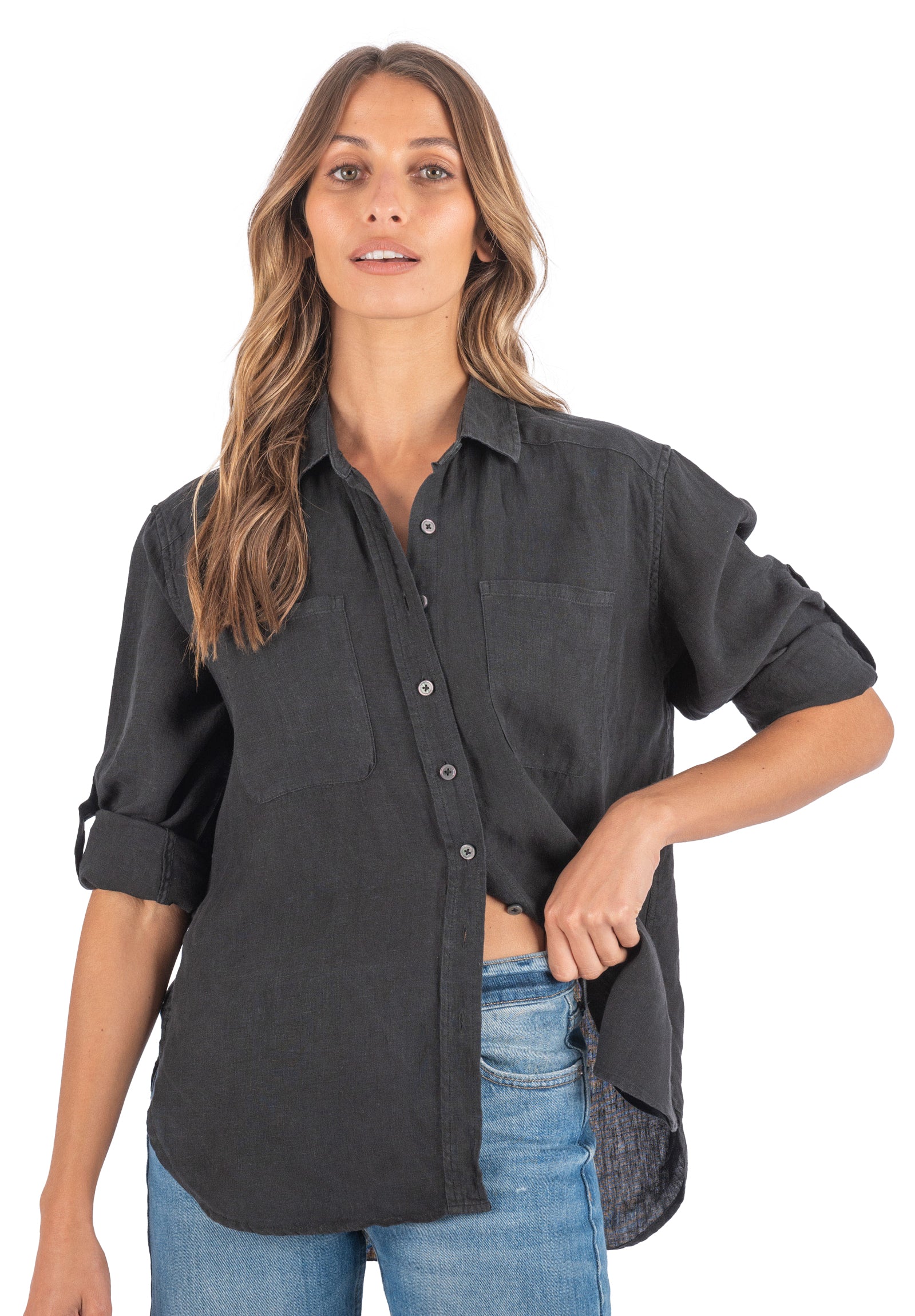 Luna Black Oversized Linen Shirt with Pockets – CAMIXA