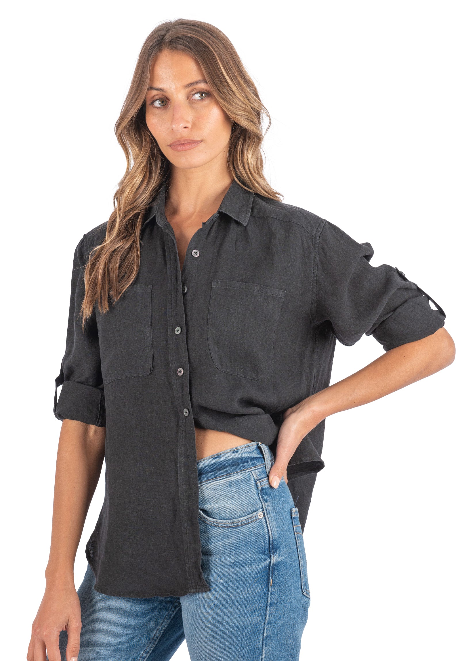 Luna Black Oversized Linen Shirt with Pockets – CAMIXA