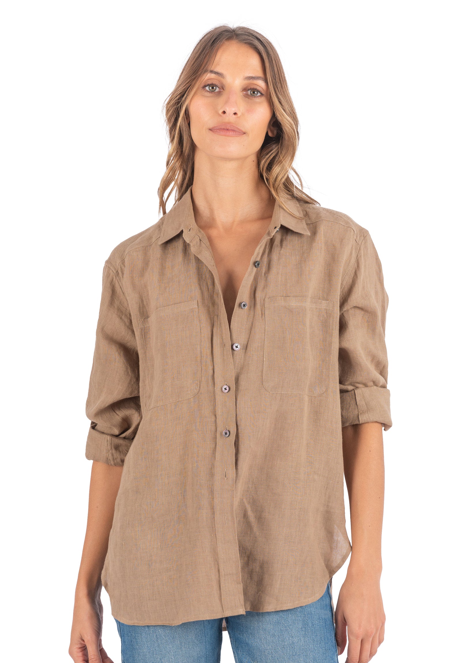 Luna Hazelnut Oversized Linen Shirt with Pockets – CAMIXA